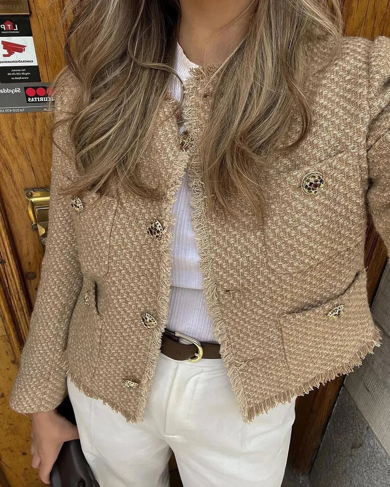 Chic Female Tweed Basic Jacket Coat Women Clothing Woolen Outerwear Long Sleeve Front Button Female Outerwear Chic Tops 241115