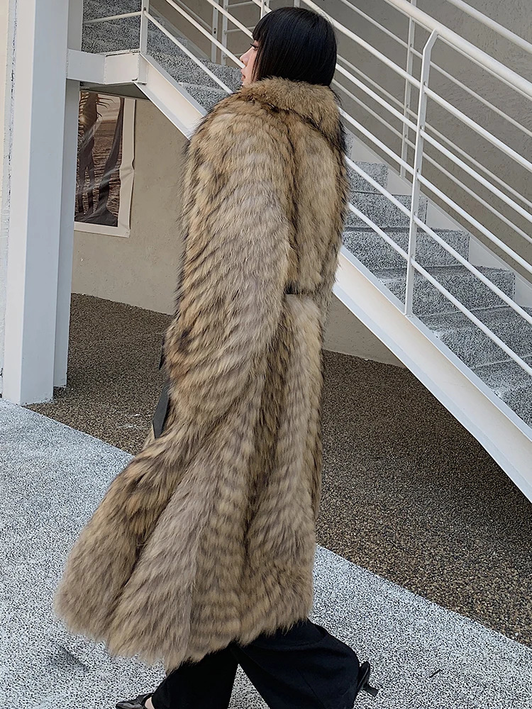 Clothes Winter Imported Raccoon Fur Coat Womens XLong Natural Fluffy Jacket Ladies Fashion Streetwear 241115