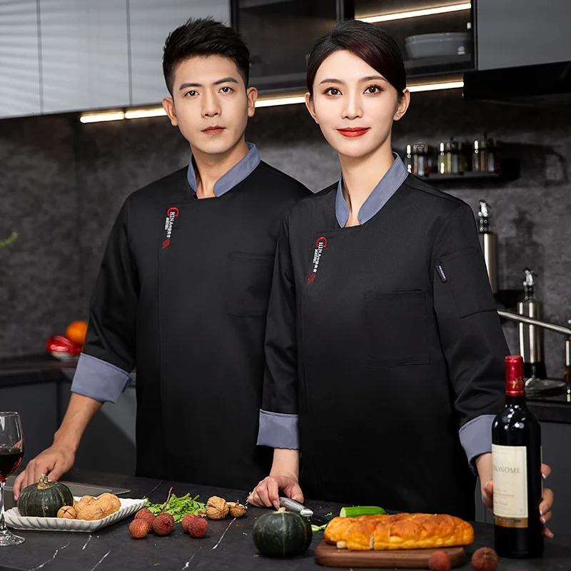 Men Long Sleeve Chef uniform Restaurant chef jacket with apron Cook Coat Tshirt Work Uniform Waiter el Clothes 240412
