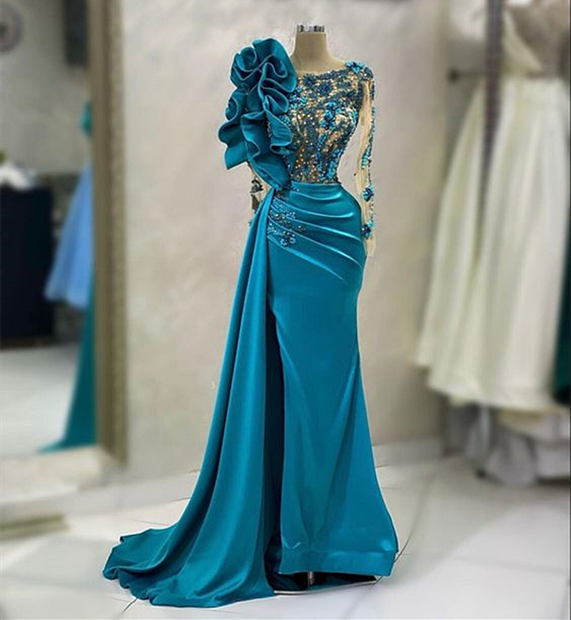 Ruffles Beaded Mermaid Evening Dresses Lace Appliques Crew Neck Pleats Teal Satin Long Sleeves Formal Dress For Women 2024 Elegant Prom Gown Special O