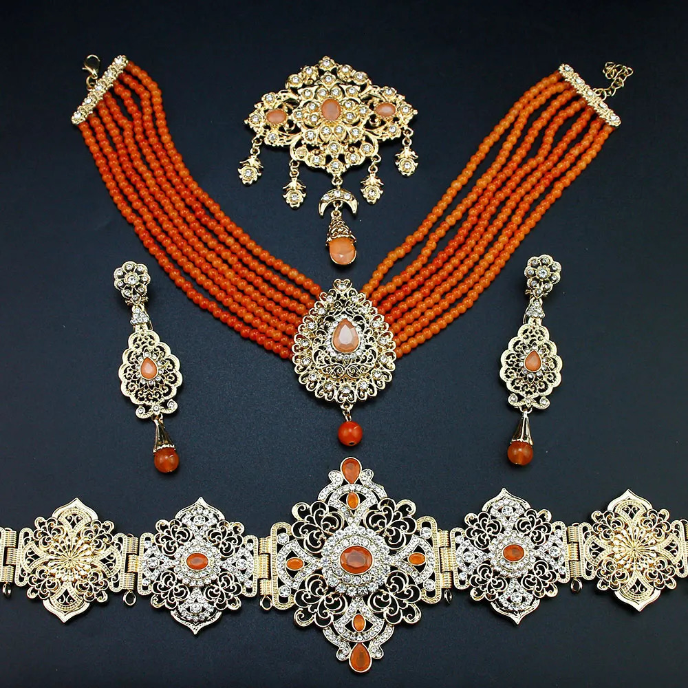 Sunspicims Moroccan Bridal Jewelry Set suitable for women Caftan belt beads necklace pendant Brooch long earrings 241115
