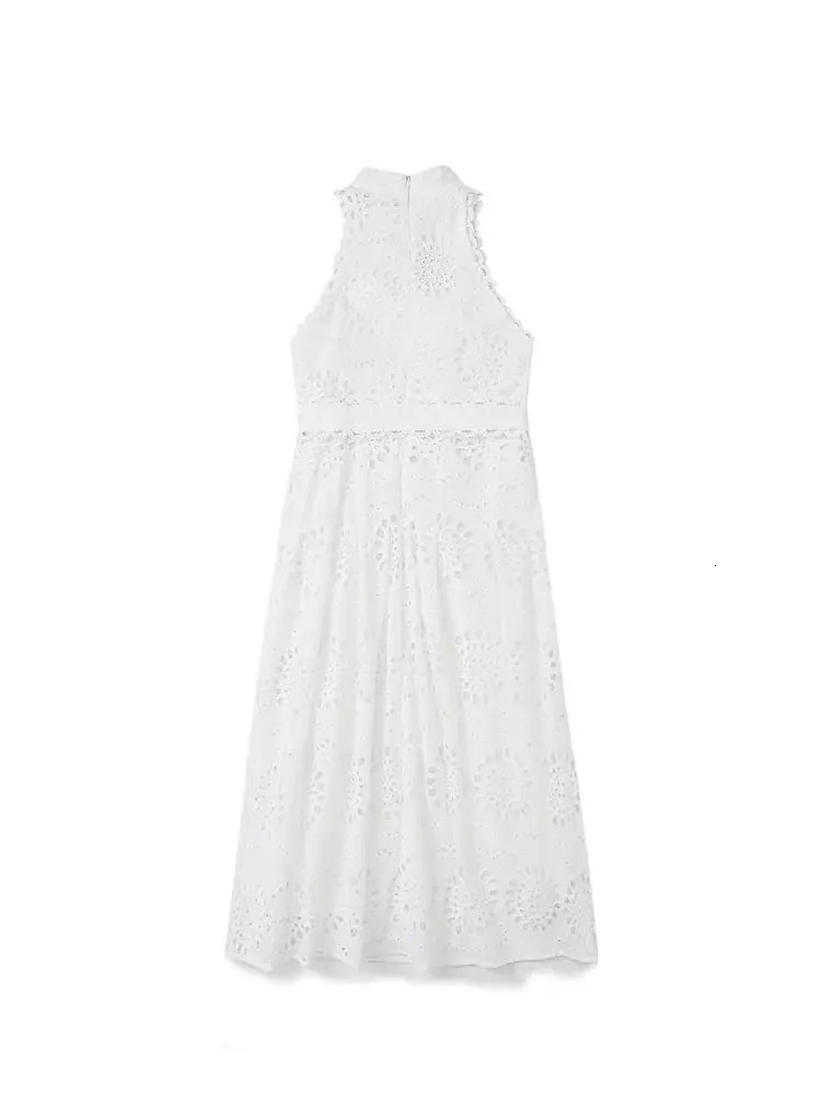 TRAF Dress Woman Sleeveless Hollowed Out Embroidery Midi Women Summer Dresses for With Belt Party 240415