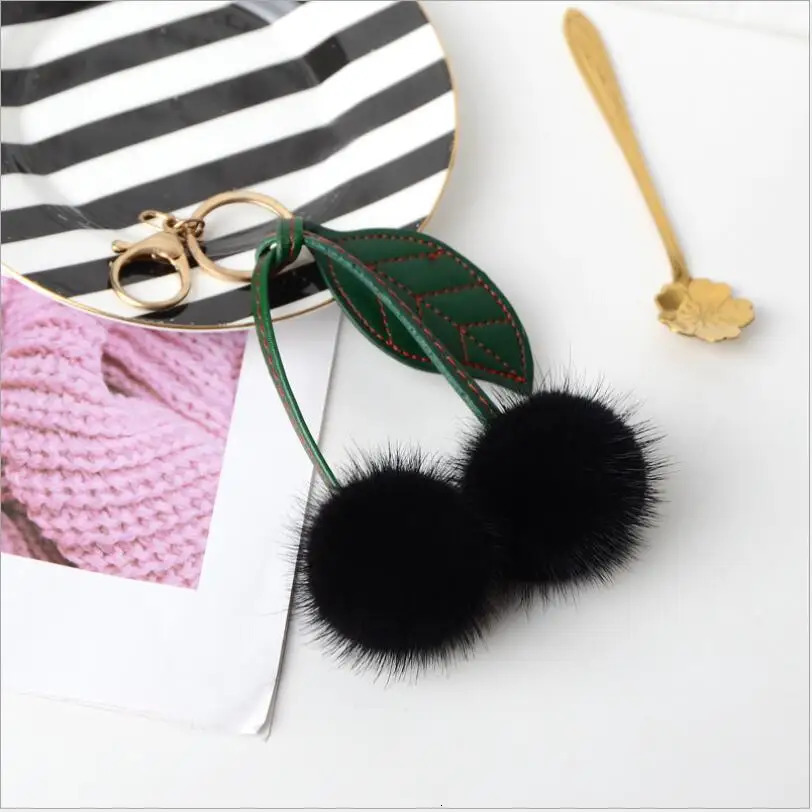 Genuine leather mink keychain fruit cherry puffball fur bag charming fluffy green leaf backpack pendant accessories 241115
