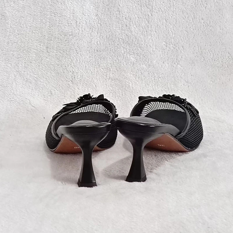 Summer mesh flower beads women slides sexy thin heel sandals 241115