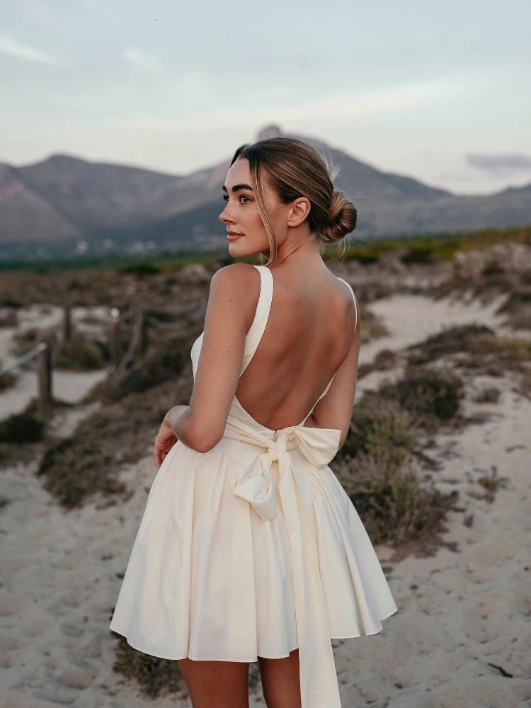 Oligai Summer Big Bow Elegant Backless Dress Sexy White Birthday Party Dresses Casual Holiday A Line Fluffy Womens Clothing 240415