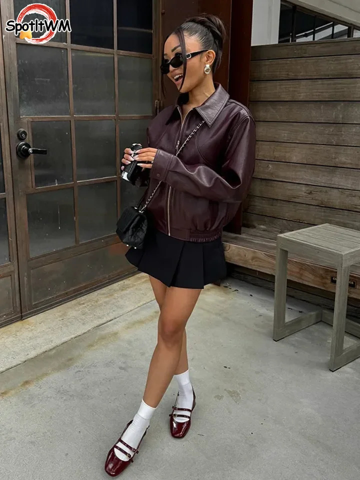 Women Fashion Solid Pu Leather Short Jacket Chic Lapel Long Sleeves Zipper Crop Coats Autumn Elegant Lady Commuting Street Tops 241115