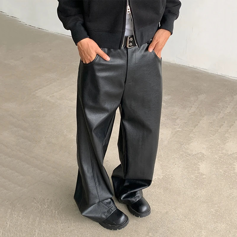IEFB American style mens casual Pu leather solid color straight wide leg street Trouser personalized 9C8060 241115