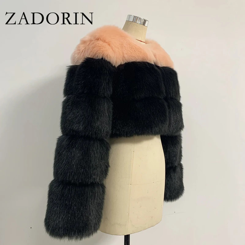 ZADORIN Fashion Cropped Furry Faux Fur Coat Women Short Mixed Color Long Sleeve Front Zipper Faux Fur Jacket Crop Coat 241115