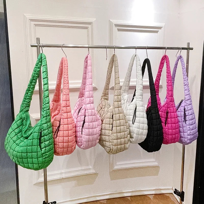 Casual Ruched Hobos Women Shoulder Bags Quilted Padded Crossbody Large Capacity Nylon Puffer Tote Bag Big Shopper Purses 241115