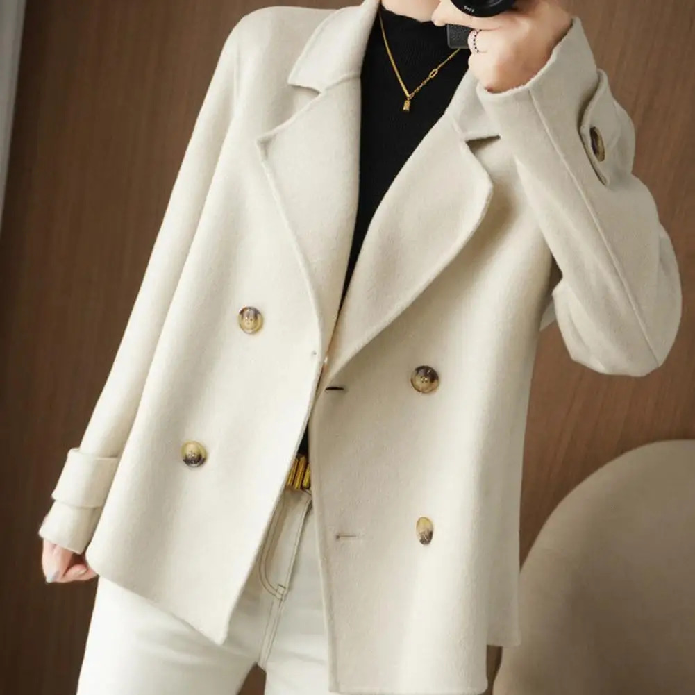 Fall Winter Women Woolen Coat Doublebreasted Lapel Long Sleeve Loose Thickened Warm Formal Business Style OL Commute Jacket 241108