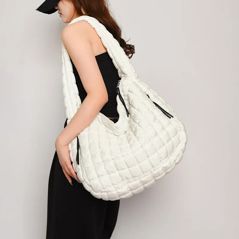 Casual Ruched Hobos Women Shoulder Bags Quilted Padded Crossbody Large Capacity Nylon Puffer Tote Bag Big Shopper Purses 241115