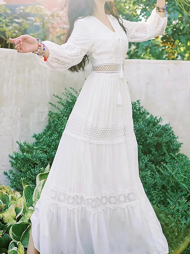 Summer Women Long Dress Vintage White Boho Lace Dresses Female Hollow Out Ladies Elegant Loose Beach Holiday Vestidos 240415