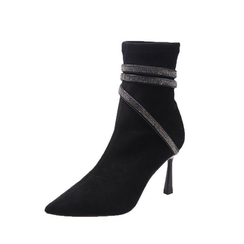 Suede Rhie Snake Shaped Winding Belt Short Autumn Winter New New Black Pointed High Heels Ankle Boots Size 34-39