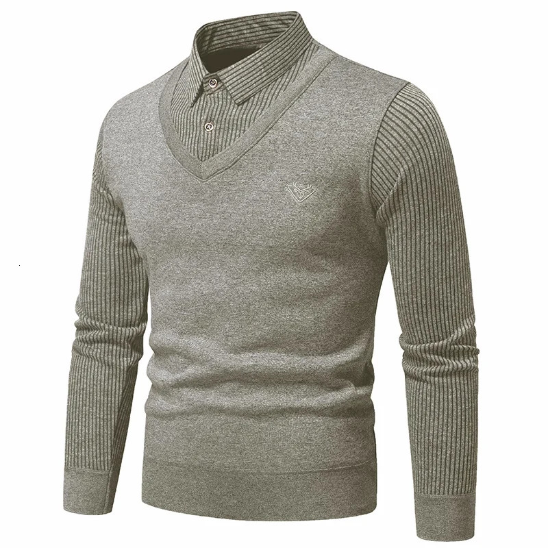 Autumn and winter mens twopiece sweater wool slim fit polo neck knitted bottom thick warm 241115