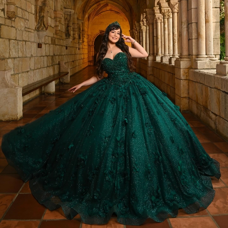 Green Emerald Shiny Quinceanera Dresses Ball Princess Beads Wer Sweet Dress Party Birthday Gown Vestidos De Anos