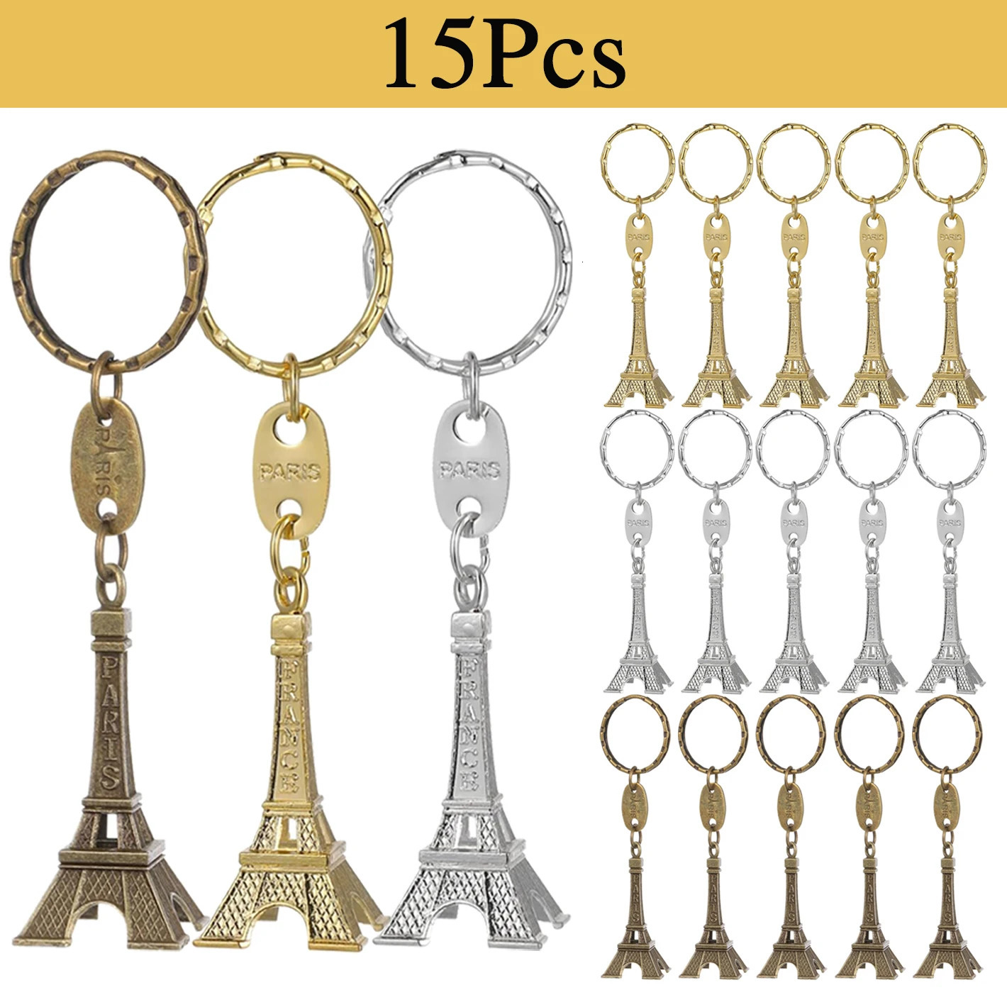 15 pieces of 3D Eiffel Tower keychains with retro decorations French souvenirs keychains with metal splicing French souvenirs Paris keychains 241115