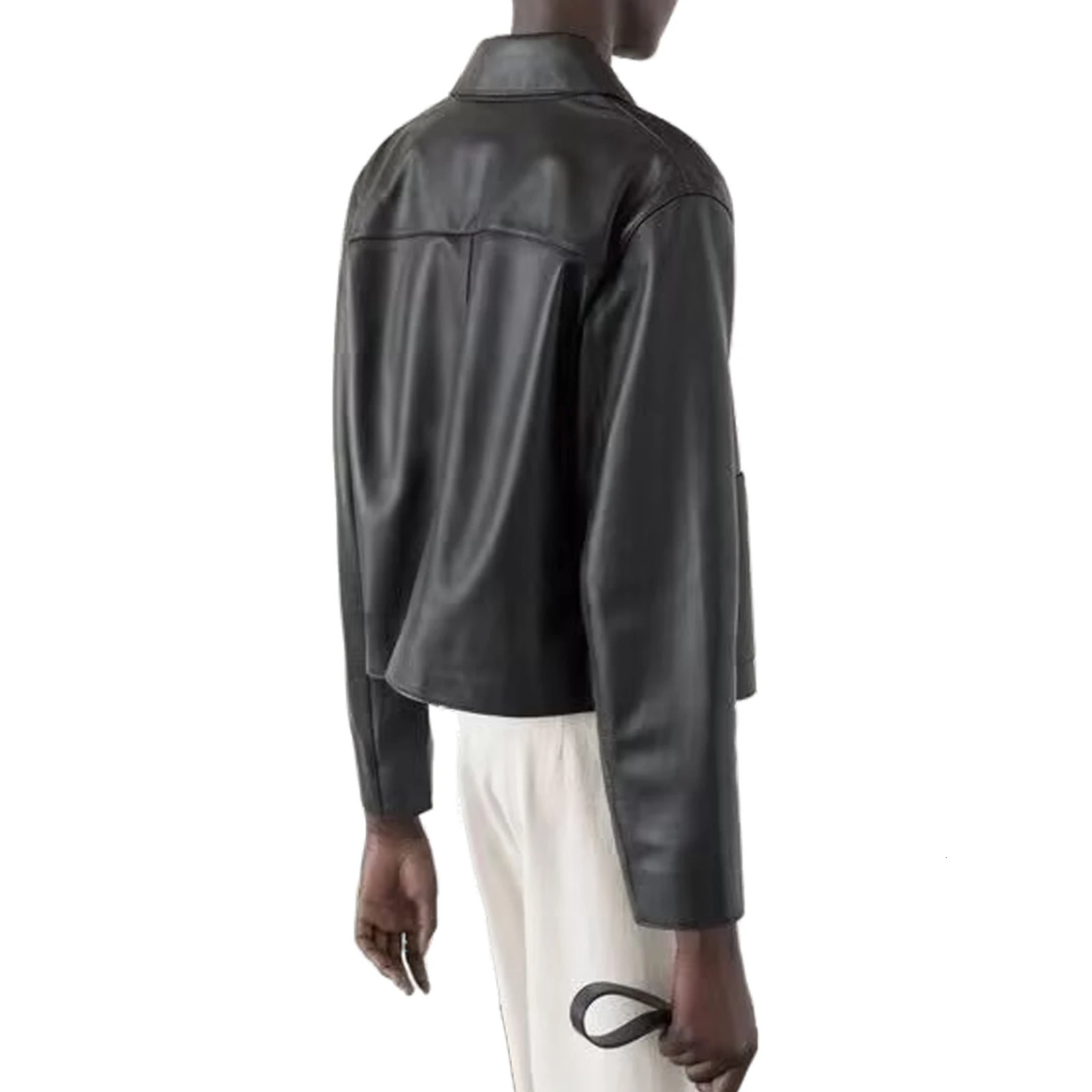 womens leather jacket with pockets single breasted decoration short fashion commuting leisure versatile long sleeved t 241114