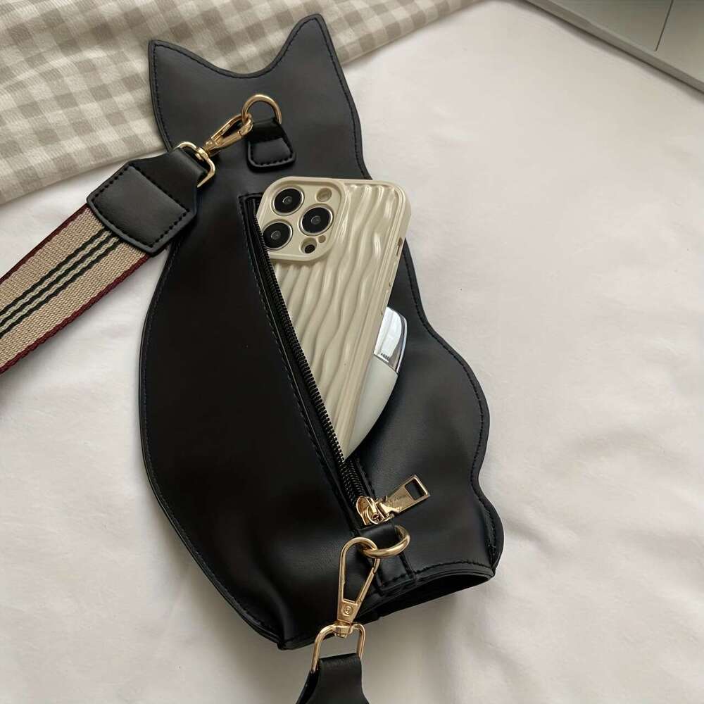 Balck Cat Shaped Crossbody Vintage Animal Sg Bag, Cute Cartoon Shoulder Bag
