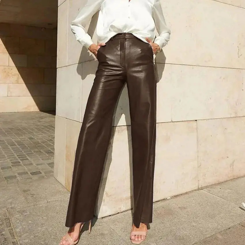European and American style womens spring PU leather mid high waist hip lifting straight casual pants 241115