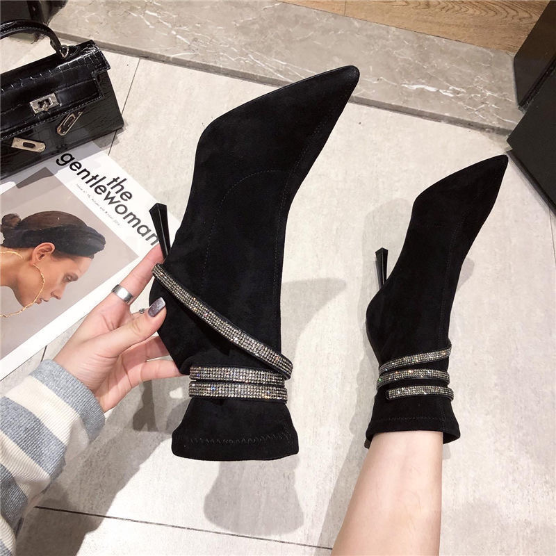 Suede Rhie Snake Shaped Winding Belt Short Autumn Winter New New Black Pointed High Heels Ankle Boots Size 34-39
