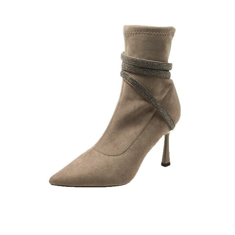 Suede Rhie Snake Shaped Winding Belt Short Autumn Winter New New Black Pointed High Heels Ankle Boots Size 34-39