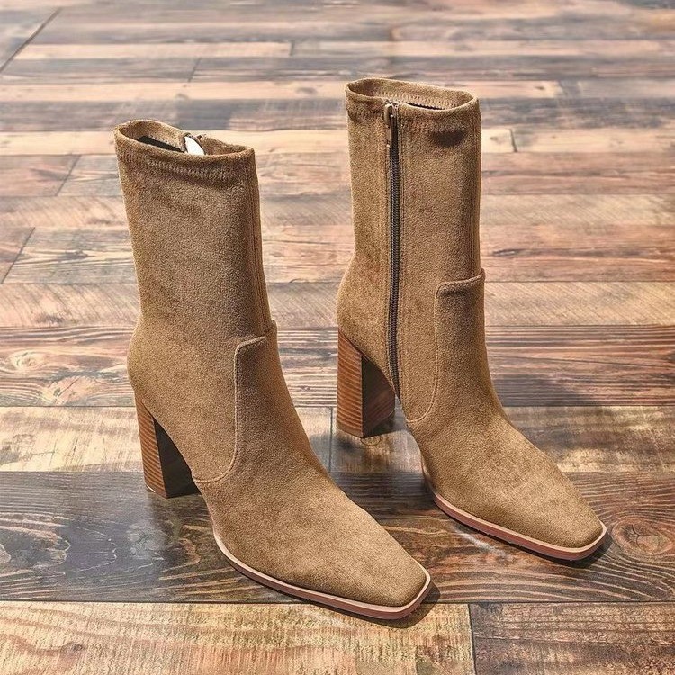 Women's New Autumn/Winter Square Toe High-heeled Short Boots.