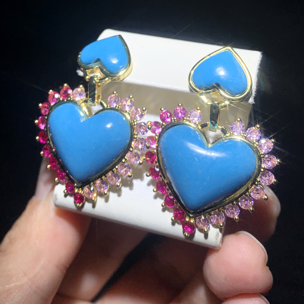 Gold Color Pink Cubic Zirconia Double Turquoises Heart Shaped Stone Big Women Dangle Drop Charm Earring 9f5c