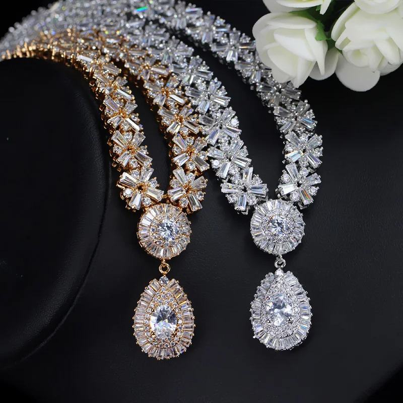 CWWZircon Platinum Bridal CZ Crystal Necklace and Earring Set Bridal T103 Grand Wedding Jewelry Set 241115