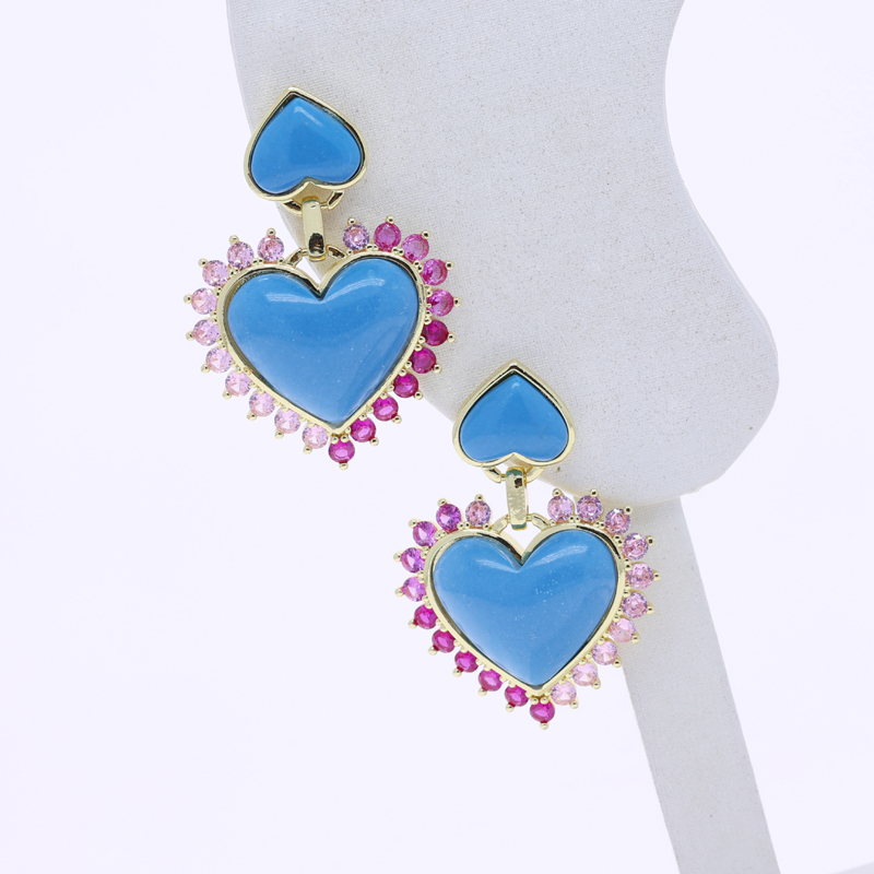 Gold Color Pink Cubic Zirconia Double Turquoises Heart Shaped Stone Big Women Dangle Drop Charm Earring 9f5c