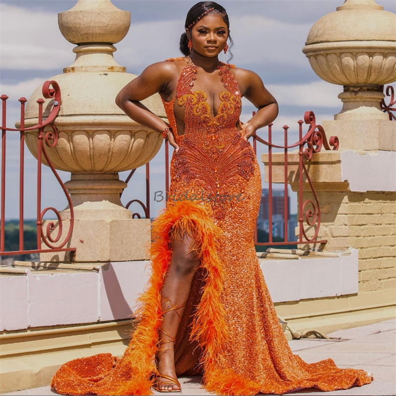 Gorgeous Sequin Orange Prom Dresses With Slit 2024 Plus Size Aso Ebi Mermaid Evening Dress Elegant Black Women Feather Formal Dress Diamond Crystal Ce