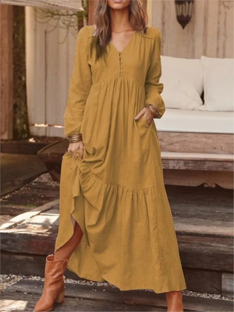 Cotton Linen Women Long Dress Loose Fashion VNeck Casual Solid Sleeve ALine Sexy Dresses Elegant Ruffles Vestido 240415
