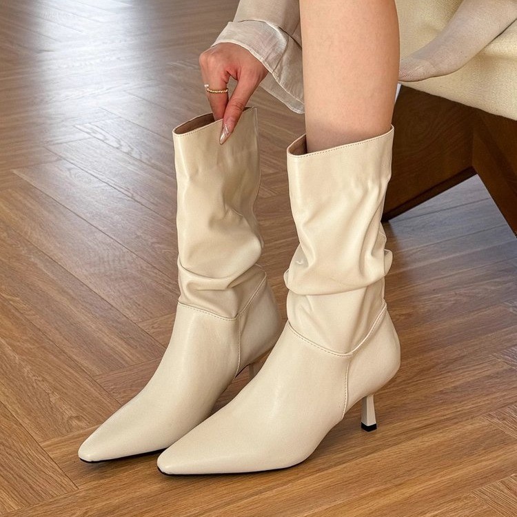 Women's Autumn/Winter New Style Rice White Pointed High-heeled Boots.