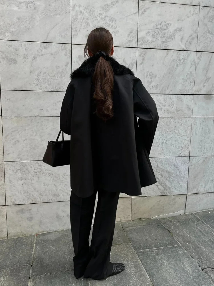 Black Fur Flip Collar Classic Full Sleeve Woman Jacket Elegant Solid Color Single Breasted Coat 2024 Lady Fall Streetwear 241115