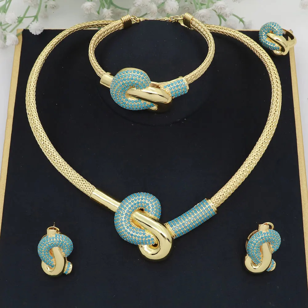 Womens jewelry set Italian gold-plated original copper necklace with CZ bow pendant earrings wedding jewelry 241115