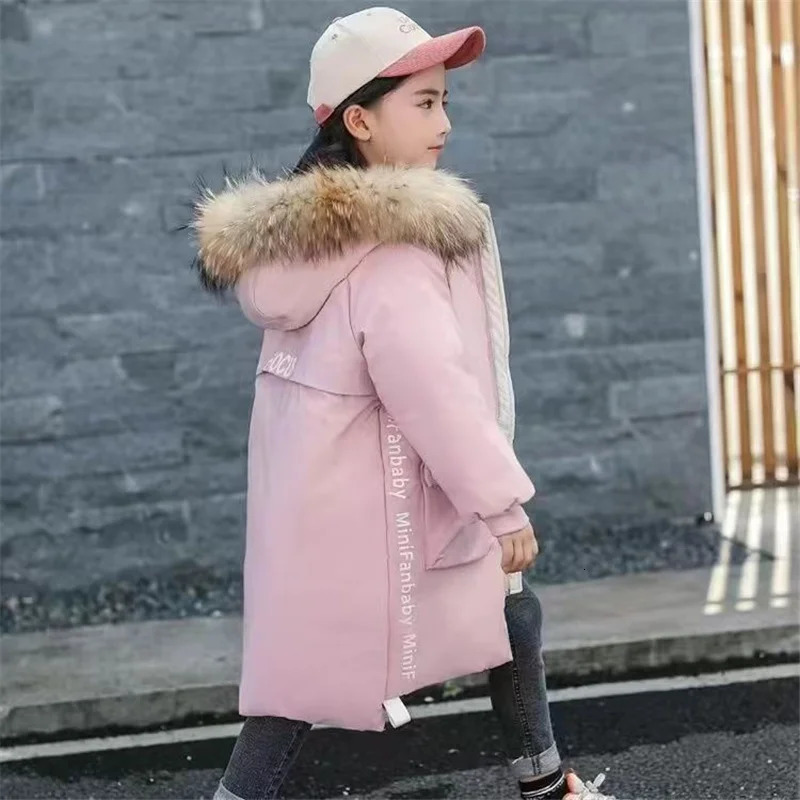 Winter Girl Child Jacket Big Kids Thick Warm Long Coats Hooded Fur Collar Heavy Cotton Outerwear Children Cold Parka Snowsuit 241115