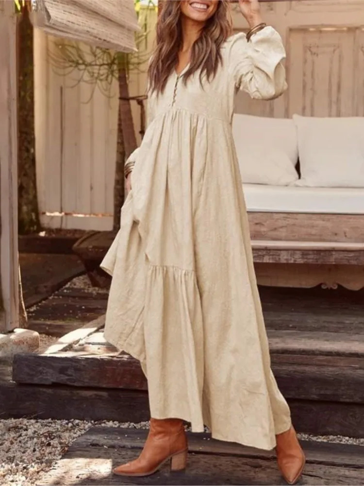 Cotton Linen Women Long Dress Loose Fashion VNeck Casual Solid Sleeve ALine Sexy Dresses Elegant Ruffles Vestido 240415
