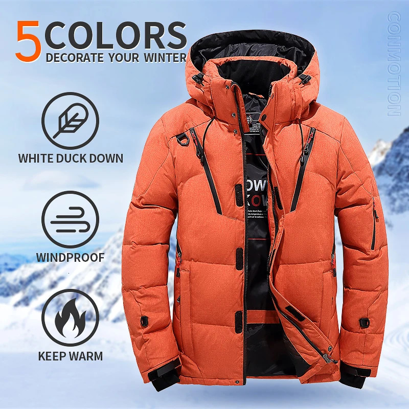 Winter down jacket mens white duck windproof and warm travel camping thick solid color hooded clothing 241115