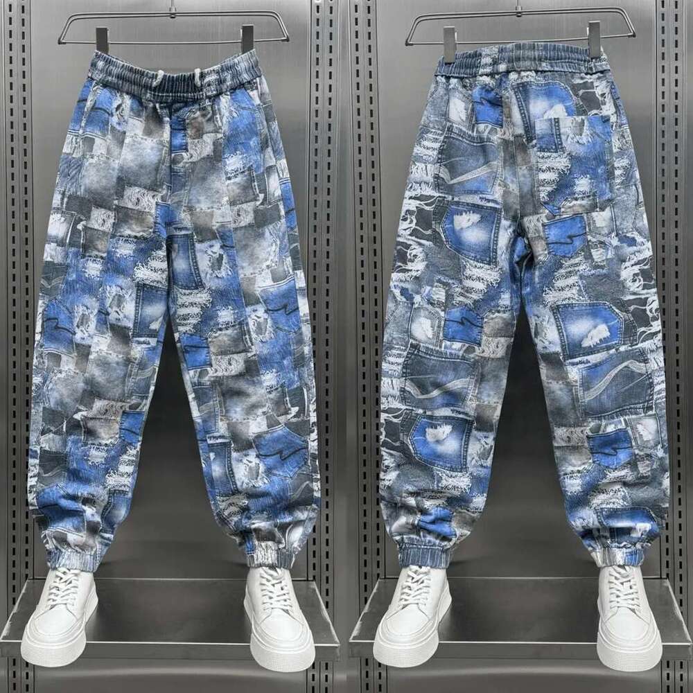 Blue Casual Jeans Fashion Plaid Trousers Outdoor Jogger Pants High Quality Brand Men Clothing