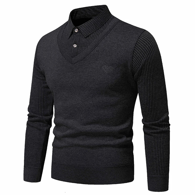 Autumn and winter mens twopiece sweater wool slim fit polo neck knitted bottom thick warm 241115