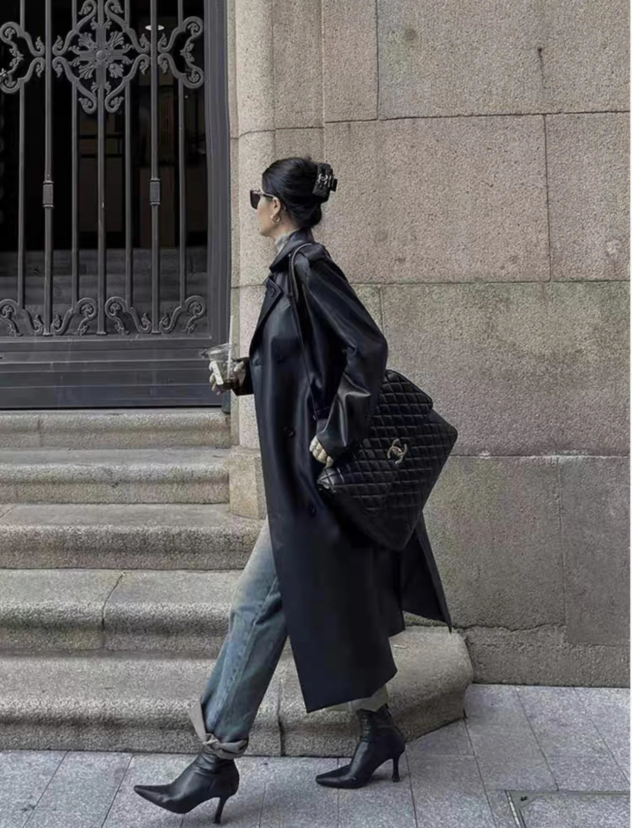 Women Faux PU Leather Coats Turn Down Collar Black High Waist Lace Up Long Jackets Casual Elegant Y2k Maxi Loose Windbreak 241115