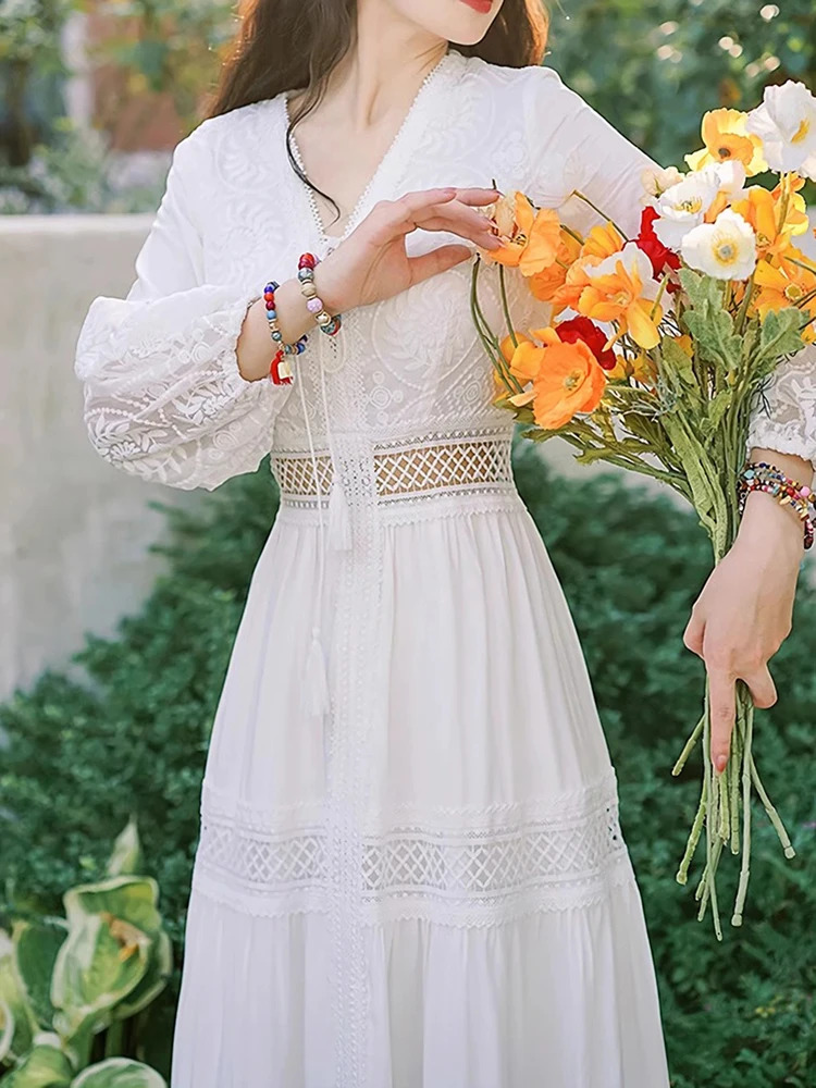 Summer Women Long Dress Vintage White Boho Lace Dresses Female Hollow Out Ladies Elegant Loose Beach Holiday Vestidos 240415