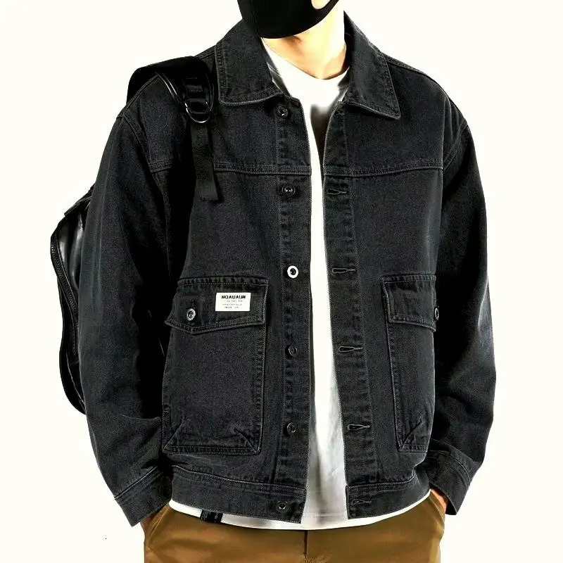 Mens Denim Jacket Cargo Short Vintage Male Jean Coats Outwear Blue Casual Slim Wide Shoulders Japanese High Quality Cowboy Y2k 240408