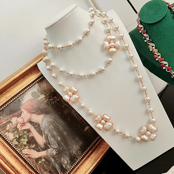 Vintage white flower long white glass pearl necklace sweater chain silver stud earring set 241115