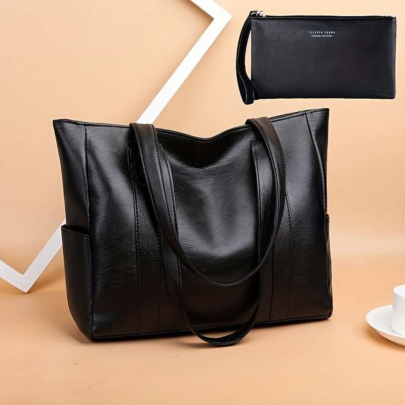 1pc Large Capacity Trendy PU Leather Shoulder Bag Durable, Zipper Closure, Portable, Double Handle, Stylish Tote Handbag Daily Use - Perfect for Work,