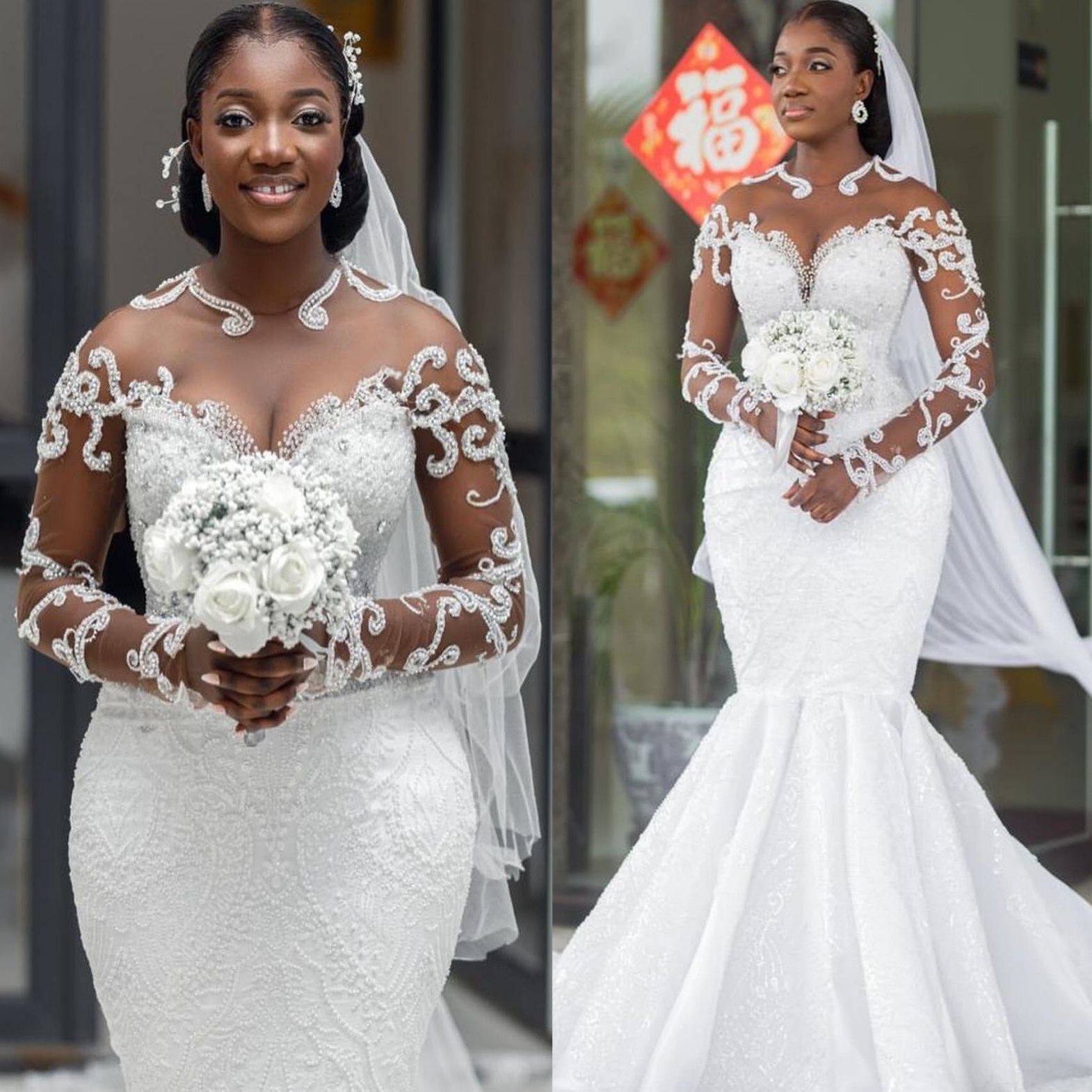2024 Arabic Aso Ebi Plus Size Off White Mermaid Wedding Dresses Beaded Lace Full Sleeves Vintage Elegant Bridal Gowns Dress For Bride