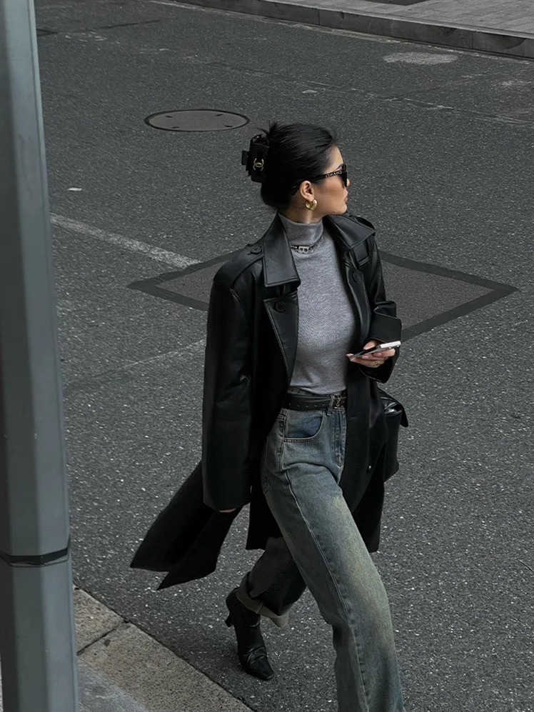 Women Faux PU Leather Coats Turn Down Collar Black High Waist Lace Up Long Jackets Casual Elegant Y2k Maxi Loose Windbreak 241115