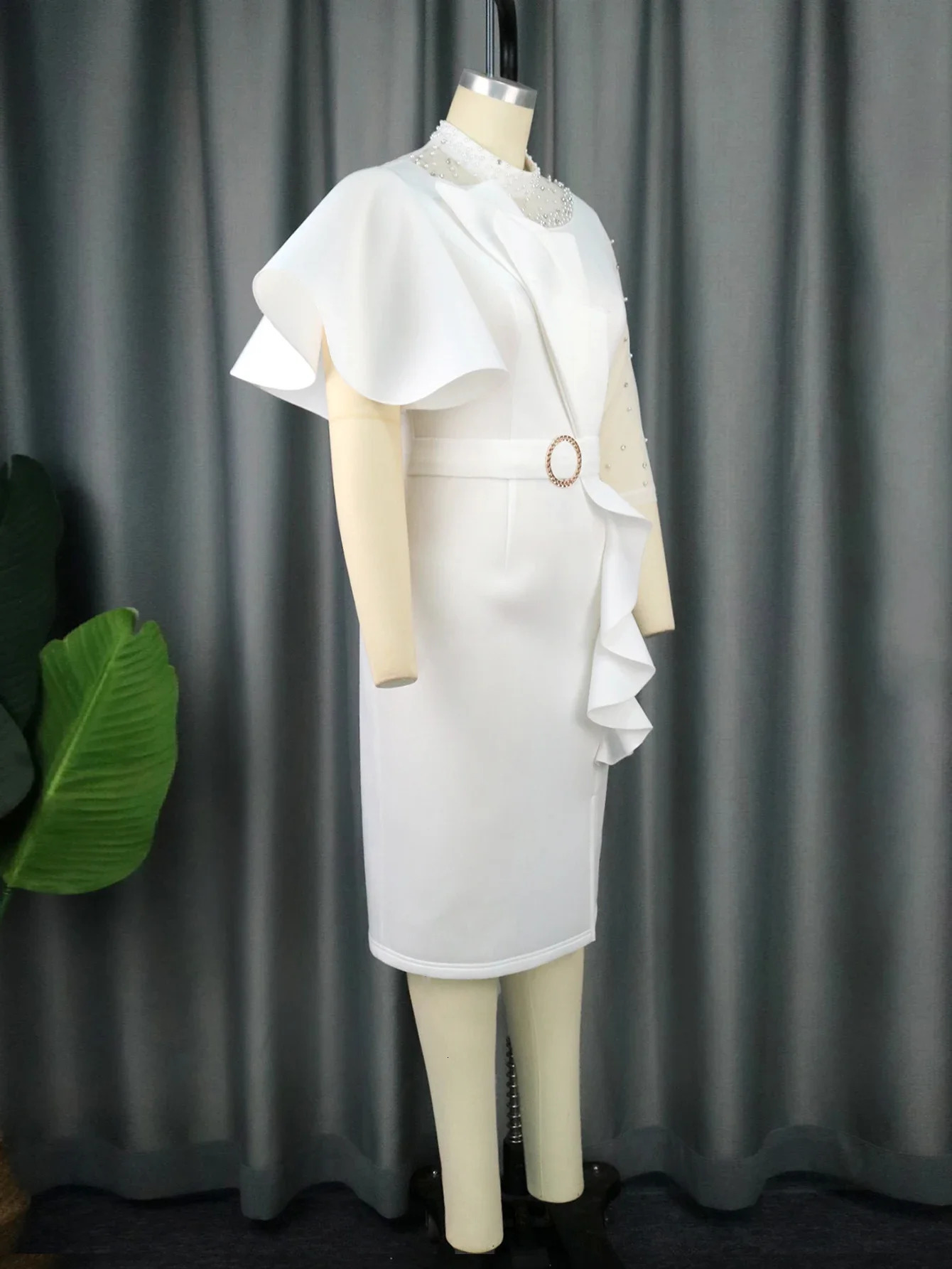 Women White Party Dress Bodycon Cocktail Mesh Beading Irregular Sleeves Ruffles African Elegant Wedding Guest Birthday Celebrate 240415