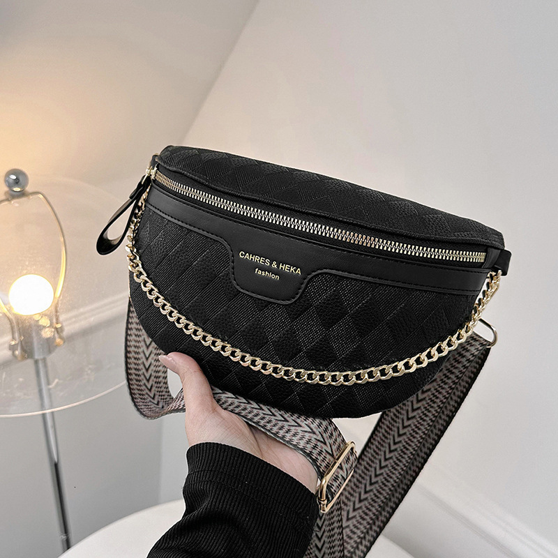 Checkerboard Plaid Fanny Pack for Women hot Fashionable Chain Waist Ladies Wide Strap Crossbody Bag PU and Canvas Brown