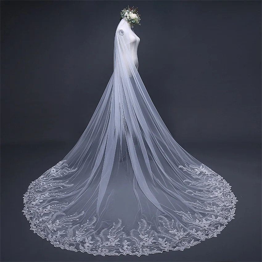 Long lace bridal veil with comb 3 meters 1 floor cathedral white Iovry wedding veil wedding accessories 241115