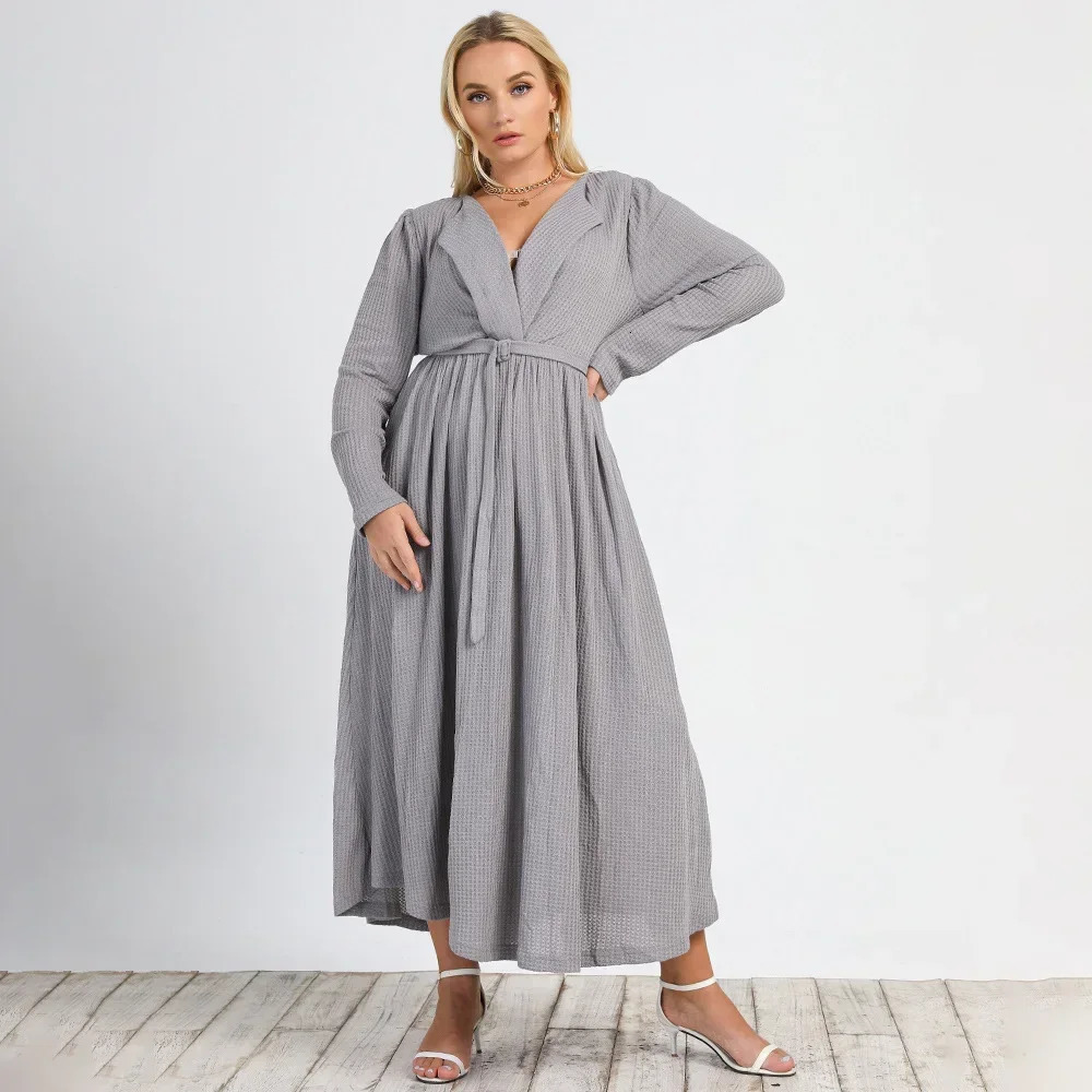 Plus Size Winter Dress Tie-Waist Lapel Collar Waffle Knit Dress Solid Belted A-line Dress Elegant Dresses for Women Office Lady 240407